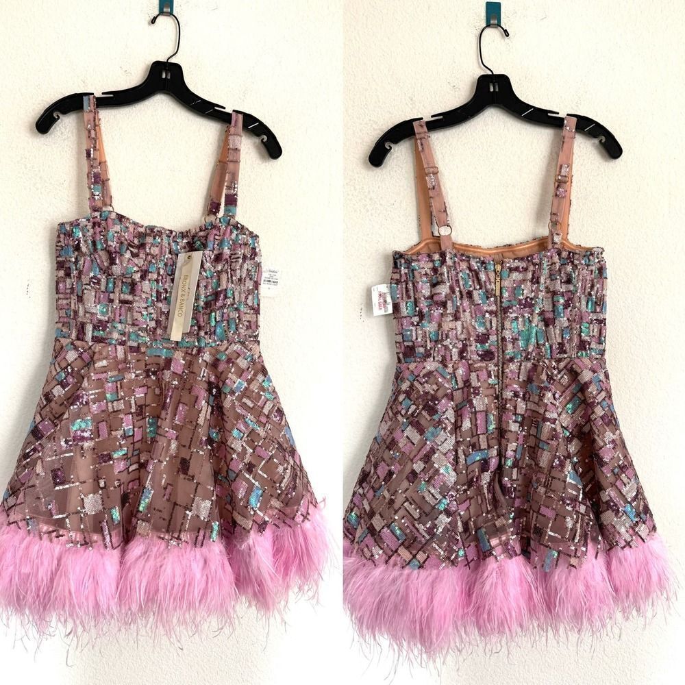 BRONX AND BANCO mademoielle feather mini dress in blush/multi Large (US8) - Picture 9 of 13